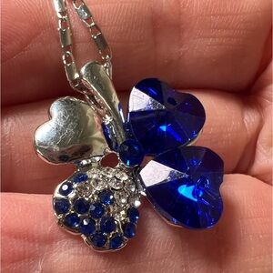 4 Leaf Clover Blue Sapphire Simulant Silver Tone Necklace & Pendant